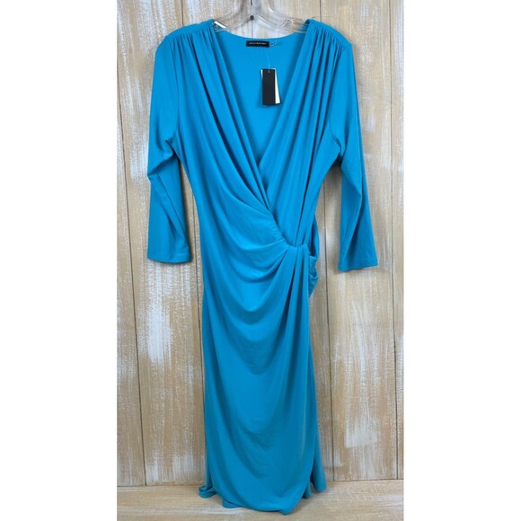 Josie Natori Drape Midi Turquoise Dress Women's Medium Twist V-neck Waist NWT - Picture 1 of 12